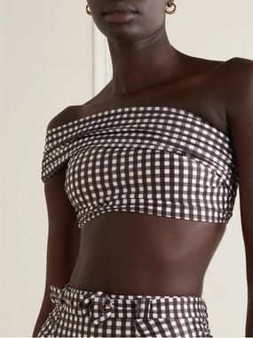 Peony Swim One Shoulder Bikini Top Gingham Cocoa Brown XL AU 14 Sustainable